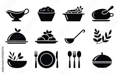 Set of 12 vector icons gravy boat mashed potatoes serving dish utensils and more scalable eps silhouette vector illustration white background