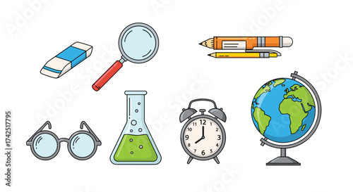 A collection of school supplies and scientific equipment for learning.