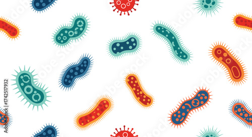 Colorful cartoon microscopic bacteria and viruses repeating pattern.