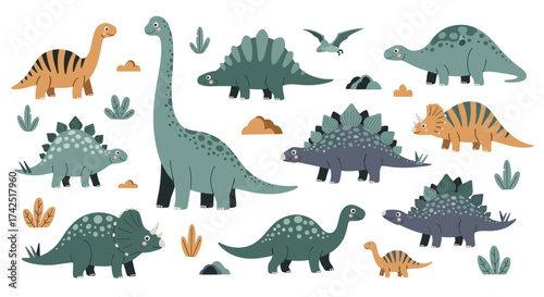 A vibrant collection of various dinosaur illustrations.