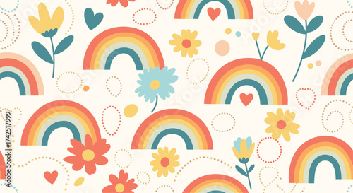 A cheerful pattern of rainbows flowers and hearts in pastel tones.