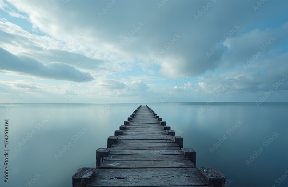 Fototapeta premium Long wooden pier extends into calm blue ocean water. Still sea reflects soft cloudy sky. Serene nature scene shows path leading to horizon. Quiet destination promotes peace, freedom, ideal for
