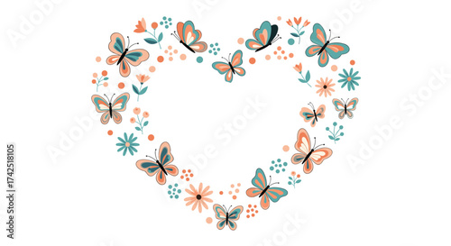 A heart shaped frame made of colorful butterflies and flowers.