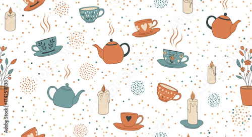 A charming pattern of teapots cups and candles with confetti.