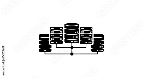 Database servers connected to network in a minimalist black and white design