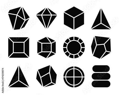 Collection of twelve black geometric 3d shapes vector illustration scalable eps icon set silhouette vector illustration white background