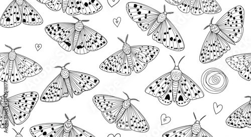 A seamless pattern of delicate black and white moths.
