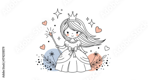 A whimsical princess with a crown and wand conjures magical sparkles.