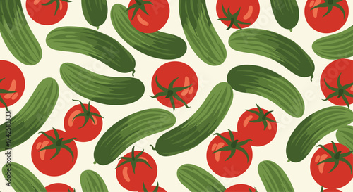 A vibrant pattern of fresh tomatoes and crisp cucumbers.