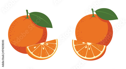 Two whole oranges and slices showcasing vibrant citrus fruit freshness