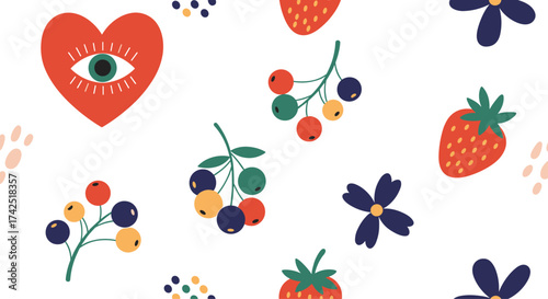 A charming pattern of berries flowers and a heart with an eye.