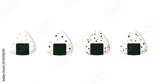 Four triangular onigiri rice balls with seaweed and colorful seasonings