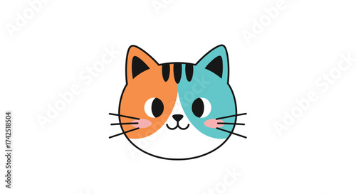 A cute and colorful cat face with two different colored ears and cheeks.