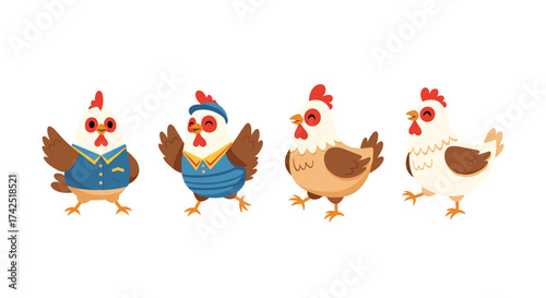 A group of four cartoon chickens wearing different outfits and hats.