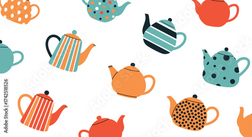 A collection of colorful teapots in a whimsical pattern.