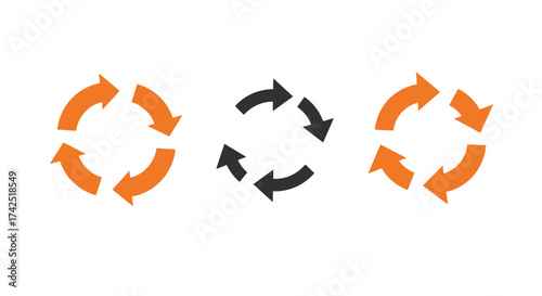 Three circular arrow diagrams orange and black showing continuous processes