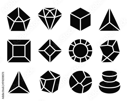 Set of 12 black geometric shapes and gemstone facet illustrations vector scalable icon collection silhouette vector illustration white background