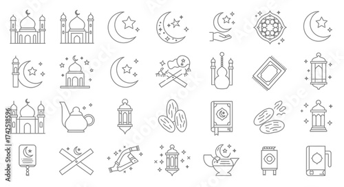 Elegant Ramadan and Eid Al-Fitr Line Icon Set Representing Islamic Traditions