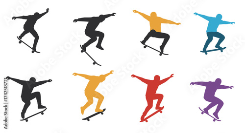 Dynamic silhouettes of skateboarders performing tricks in varied vibrant colors