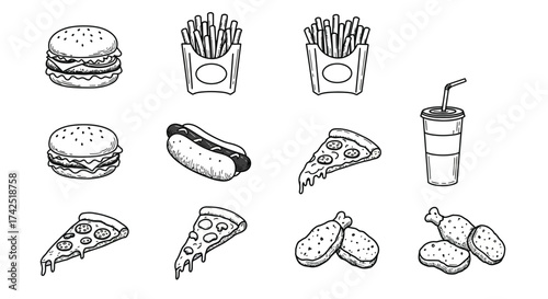 Hand Drawn Sketch Style Fast Food Set of Burger, Pizza and Fried Chicken
