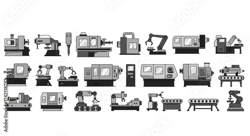 Industrial Automation Machinery Set: Precision Manufacturing and Robotics Illustrations