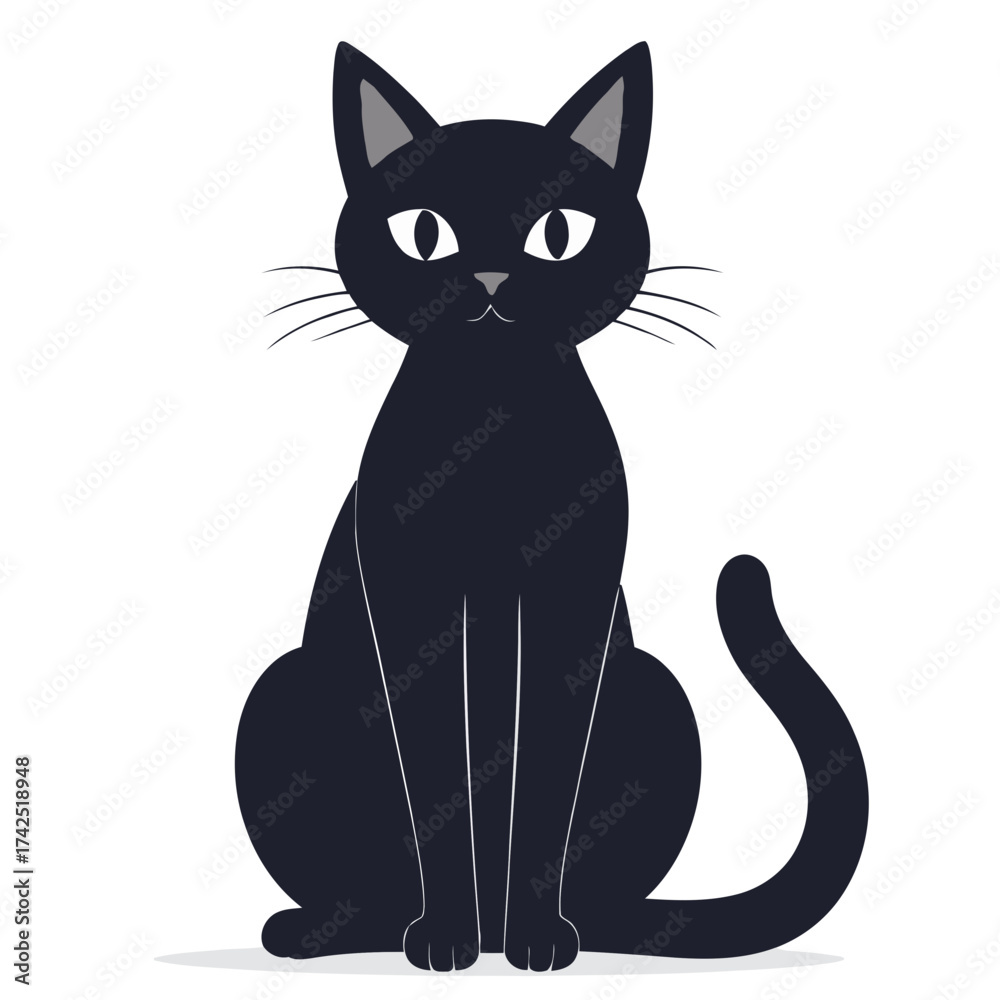 Fototapeta premium Illustration of a black cat sitting upright with a curled tail.