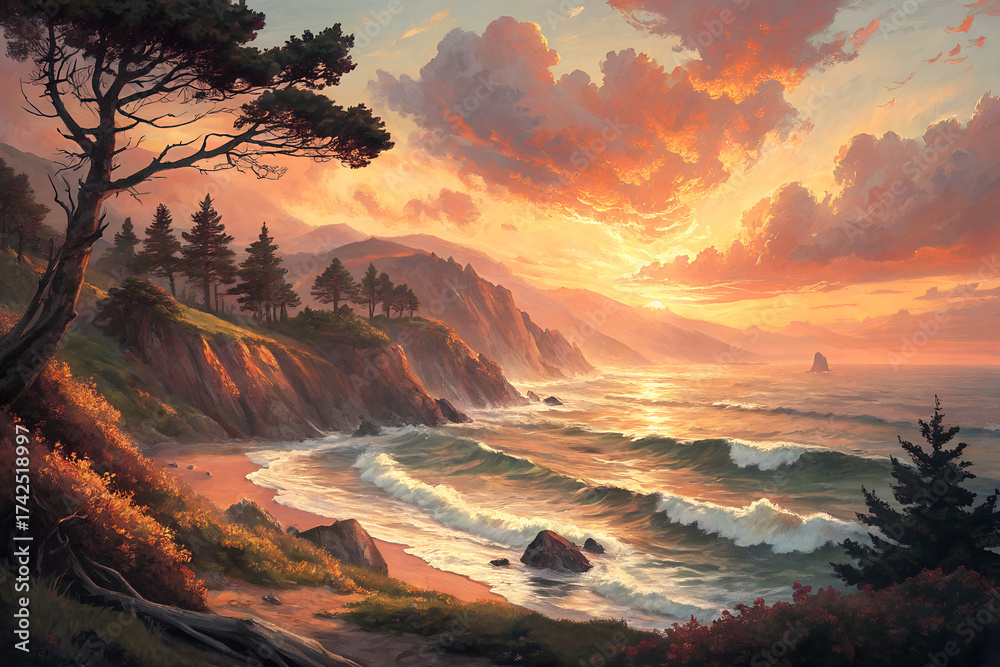 Fototapeta premium Oil Painting of a Vibrant Sunset Seascape 