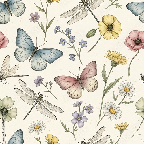 Delicate watercolor pattern of butterflies and dragonflies amongst wildflowers and delicate foliage on a cream background