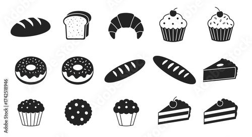Minimalist bakery assortment: black and white vector icon set for pastry designs