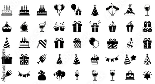 Monochrome vector illustration of birthday celebration icon set collection elements