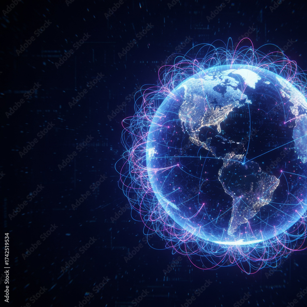Obraz premium Abstract glowing Earth with interconnected data lines on dark background