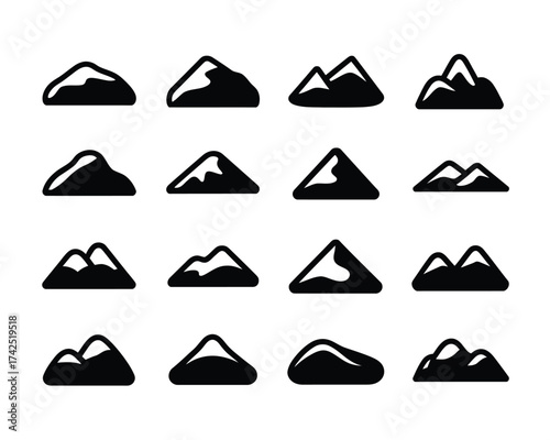 Set of 15 black silhouette mountain icons scalable vector graphics for declarative eps design projects silhouette vector illustration white background