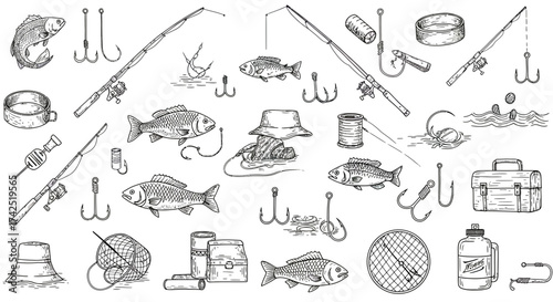Seamless pattern with fishing gear, rods, fish, hooks and other equipment elements