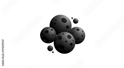 Stylized dark planets cluster with craters in space isolated on white background