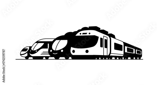 Stylized illustration featuring various train designs in monochrome palette