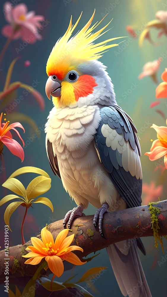 Fototapeta premium Cockatiel Perched Among Flowers - A Vibrant Portrait of Natures Beauty.