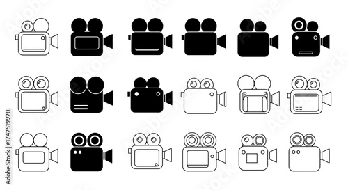 Vintage Movie Camera Vector Icons Set, Classic Film Equipment, Retro Cinema Devices
