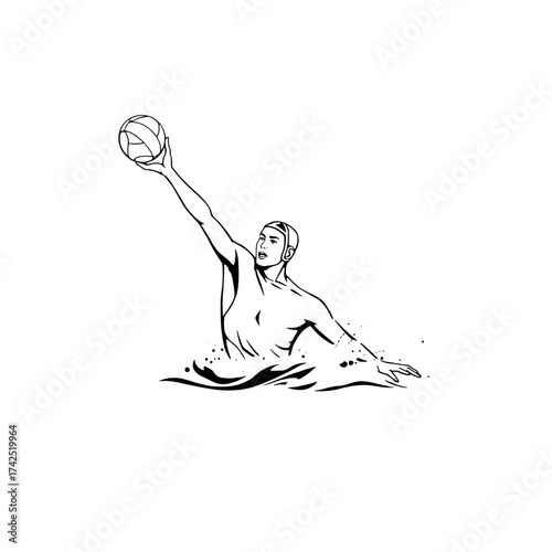 Linear Water Polo Player With Arm Raised Holding Ball Ready To Throw in Black And White Illustration