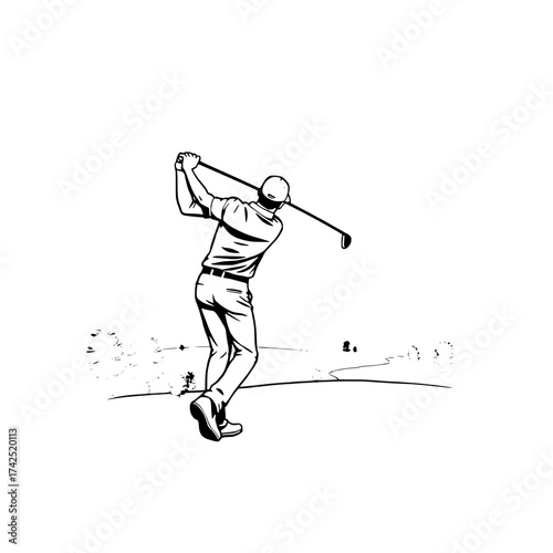 Graphic Depiction Of Male Golfer Swinging Club With Mountain Backdrop On Sunny Day Over Golf Course
