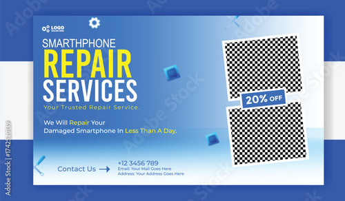 Smartphone repair services banner template for social media with modern design