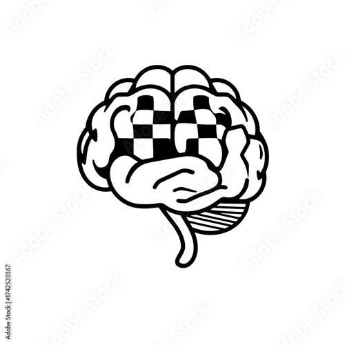 Human Brain With Checkered Pattern And Detailed Outline Symbolizing Rational Thinking Processes