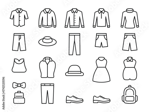 Collection of scalable vector icons representing diverse clothing items for versatile design applications silhouette vector illustration white background