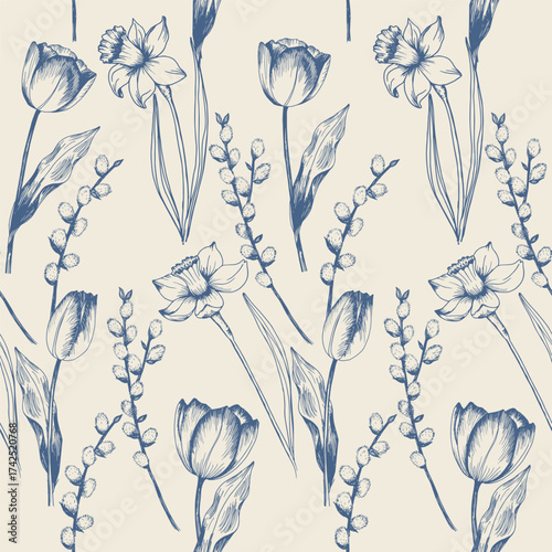 Elegant seamless floral pattern featuring tulips, daffodils and pussy willow branches in vintage hand-drawn style. Perfect for spring designs, packaging, textiles, wallpapers and greeting cards.