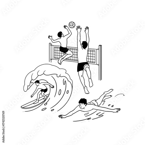 Illustration Of People Surfing Swimming And Playing Beach Volleyball In The Summer Heat Isolated