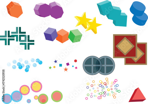 Geometric Elements Illustration: A collection of colorful geometric shapes and figures arranged in a visually appealing display, perfect for adding flair to any creative project. 
