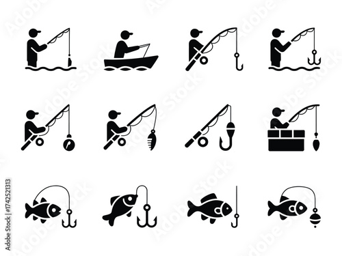 Vector collection of fishing icons and illustrations for versatile graphic design applications silhouette vector illustration white background