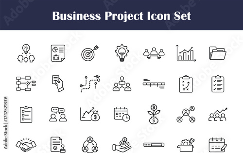  Business project management icon set with teamwork, planning, goals, strategy, data analysis, investment growth, collaboration, leadership, innovation, and success with transparent background.	