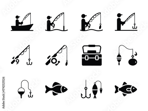 Collection of twelve fishing icons vector graphics scalable eps illustration elements for outdoor recreation and hobbies silhouette vector illustration white background