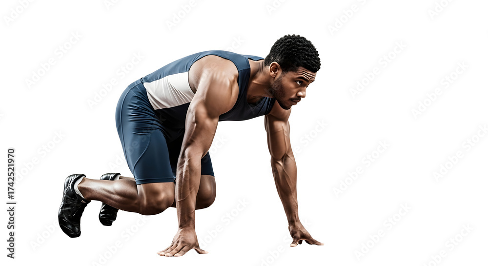 Fototapeta premium Sprinter in Starting Blocks on Track, Transparent PNG