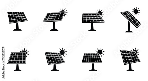 Various angles of solar panels absorbing sunlight in a black and white style
